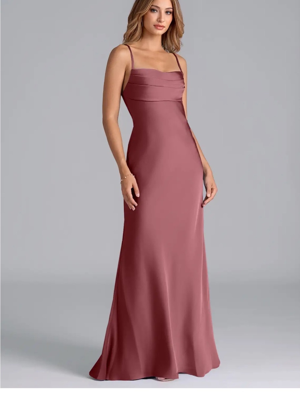 Azazie Satin Spaghetti-Strap Maxi Gown in Dusty Rose